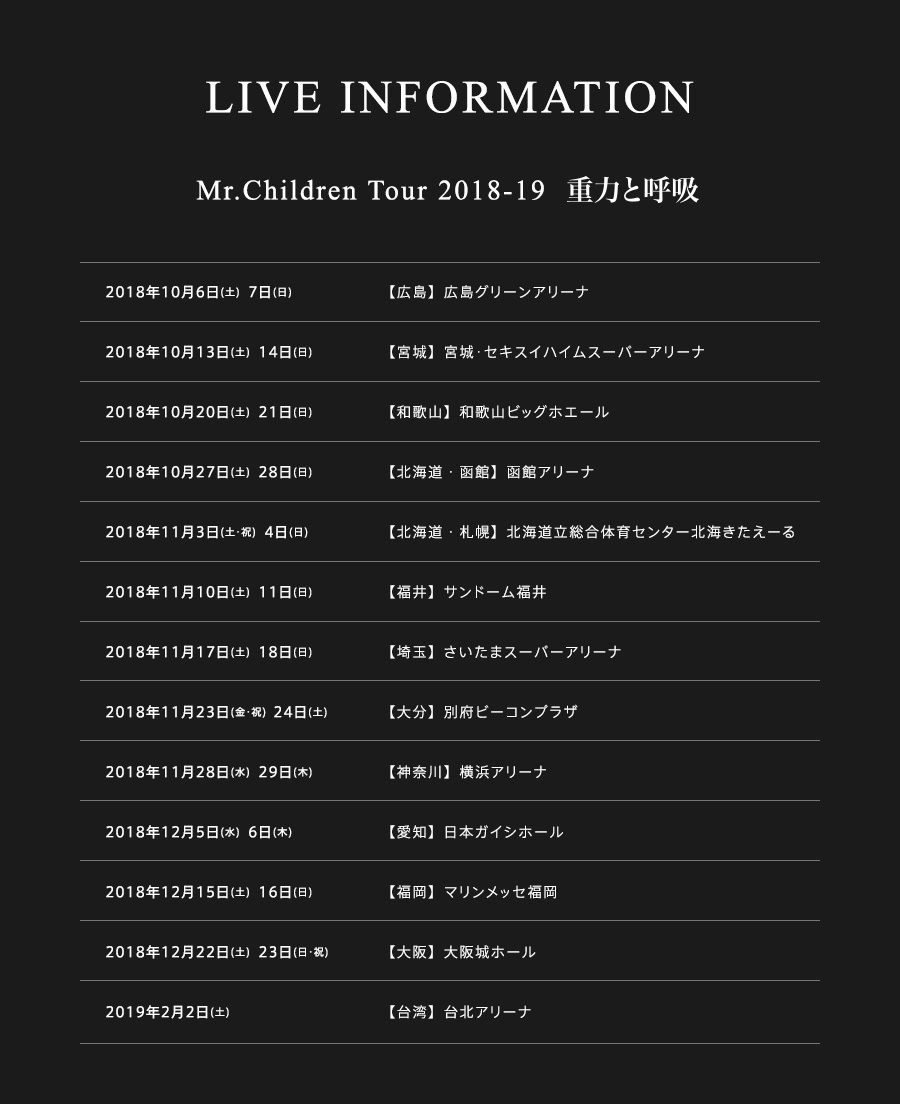 LIVE INFORMATION Mr.Children Tour 2018-19 重力と呼吸 2018年10月6日(土) 7日(日)2018年10月13日(土) 14日(日)2018年10月20日(土) 21日(日)2018年10月27日(土) 28日(日)2018年11月3日(土・祝) 4日(日)2018年11月10日(土) 11日(日)2018年11月17日(土) 18日(日)2018年11月23日(金・祝)  24日(土)2018年11月28日(水) 29日(木)2018年12月5日(水) 6日(木)2018年12月15日(土) 16日(日)2018年12月22日(土) 23日(日)2019年2月2日(日)【広島】広島グリーンアリーナ【宮城】宮城･セキスイハイムスーパーアリーナ【和歌山】和歌山ビッグホエール【北海道】函館アリーナ【北海道】北海道総合体育センター北海きたえーる【福井】サンドーム福井【埼玉】さいたまスーパーアリーナ【大分】別府ビーコンプラザ【神奈川】横浜アリーナ【愛知】日本ガイシホール【福岡】マリンメッセ福岡【大阪】大阪城ホール【台湾】台北アリーナ